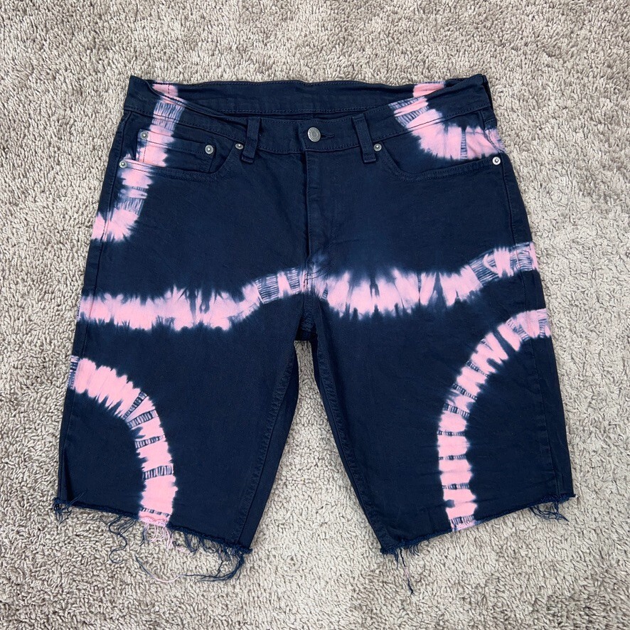 Levis Shorts Men 32 Blue Pink Bleach Tie Dye Denim Jorts Cutoff Fray Raw Coastal