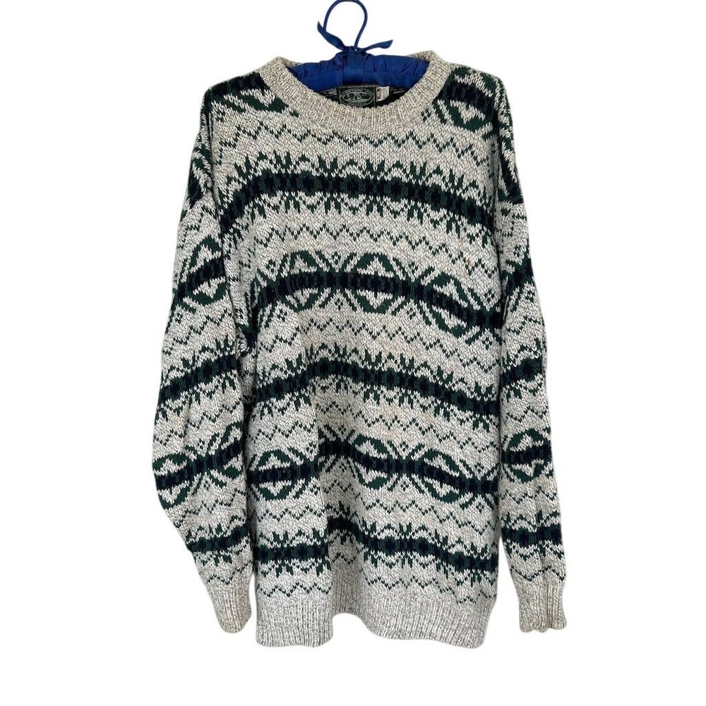VTG Susquehanna Trail Men's Fair Isle Knit Sweater Green Beige Large