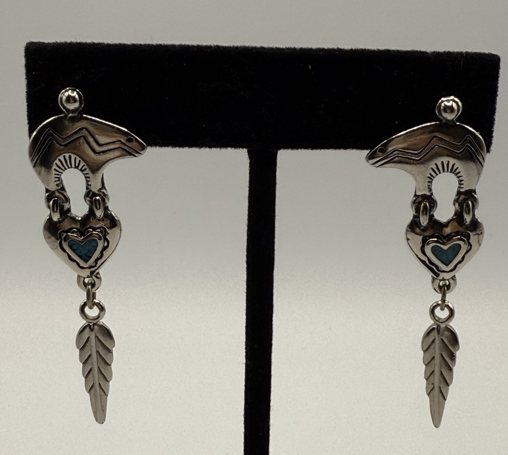 Vintage 1992 Southwest Bear Heart Earrings with Turquoise Inlay Feathers
