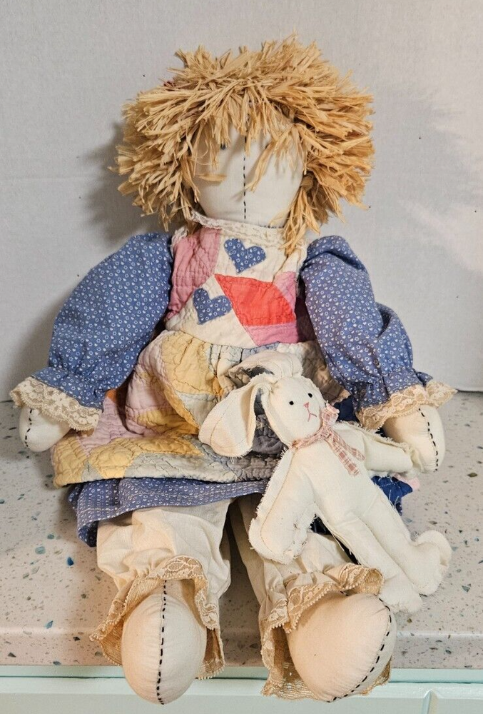 22 inch Rag doll Straw Hair Stuffed Rabbit Quilted Dress