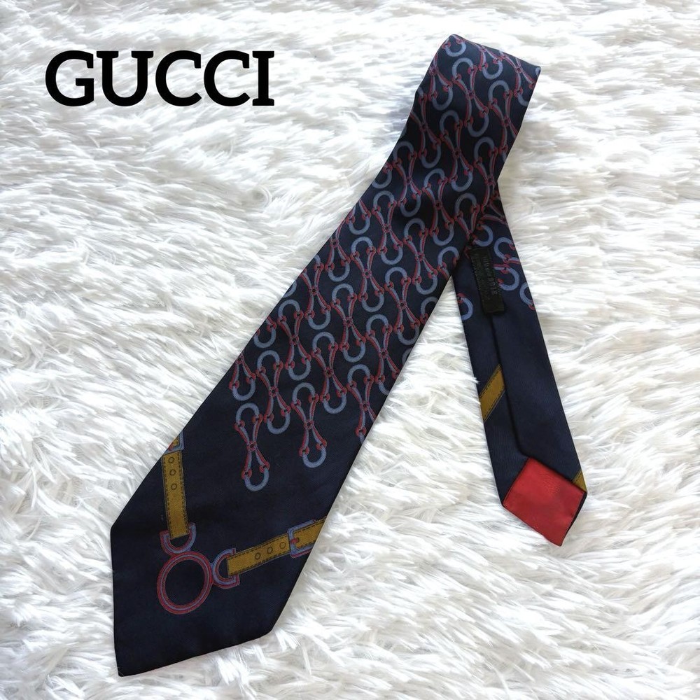 Gucci Navy Silk Tie Belt Horsebit Pattern Men's Business Dress Accessories