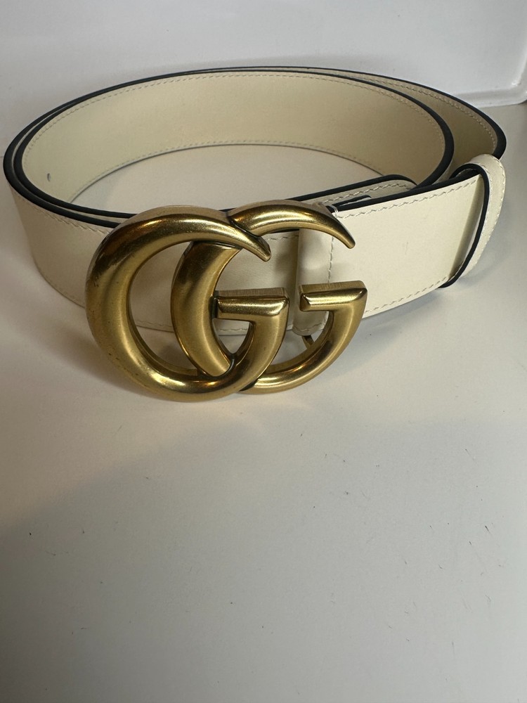 GG Marmont  WhiteGUCCl Leather Gold Brass Buckle Belt
