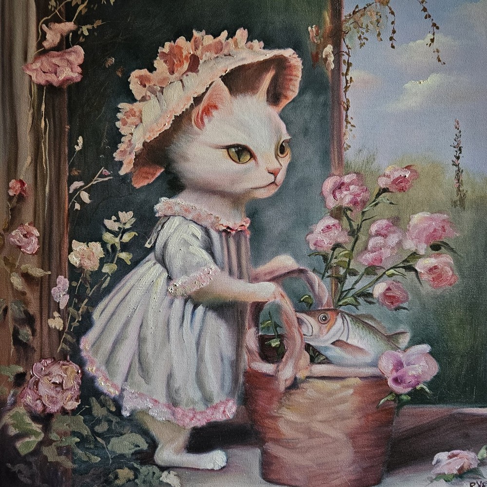 Original Oil on Canvas Garden Cottage Cat Flowers Girl Dress Vtg Style Fine Art