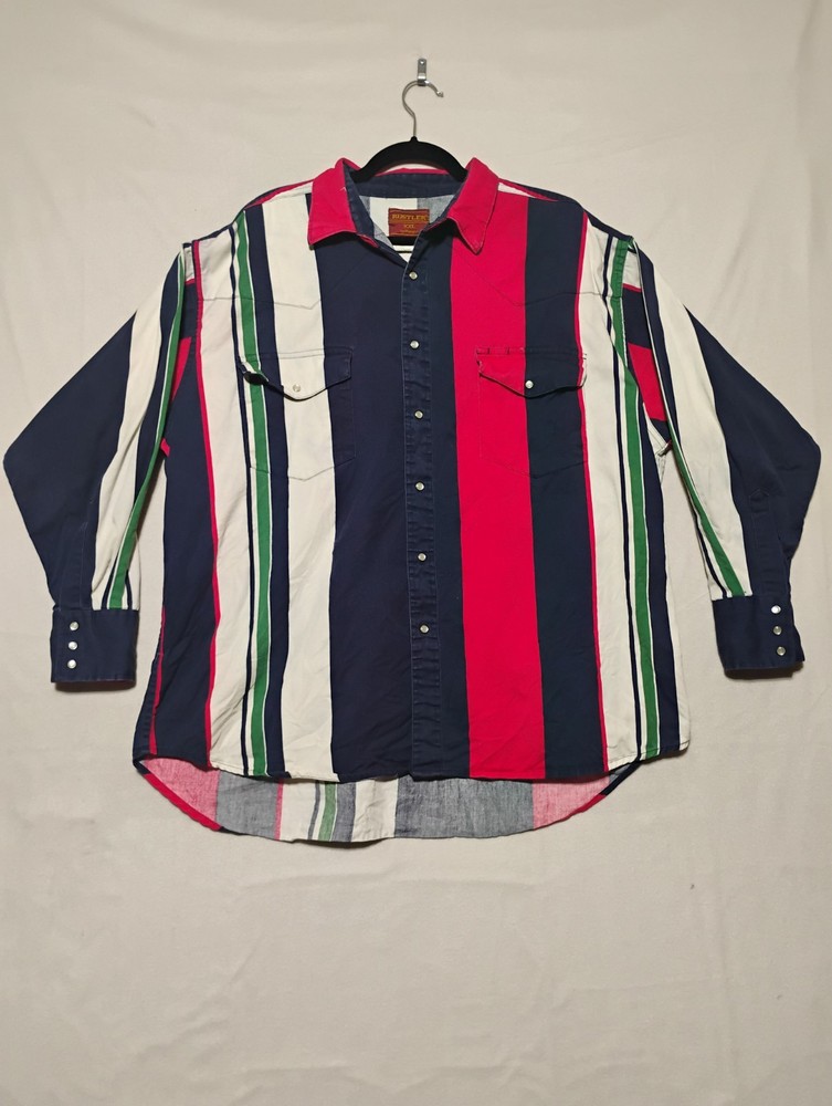 Rustlers Mens Button Up Shirt XXL Red Striped 90s Extra Long Tail Wester Rodeo