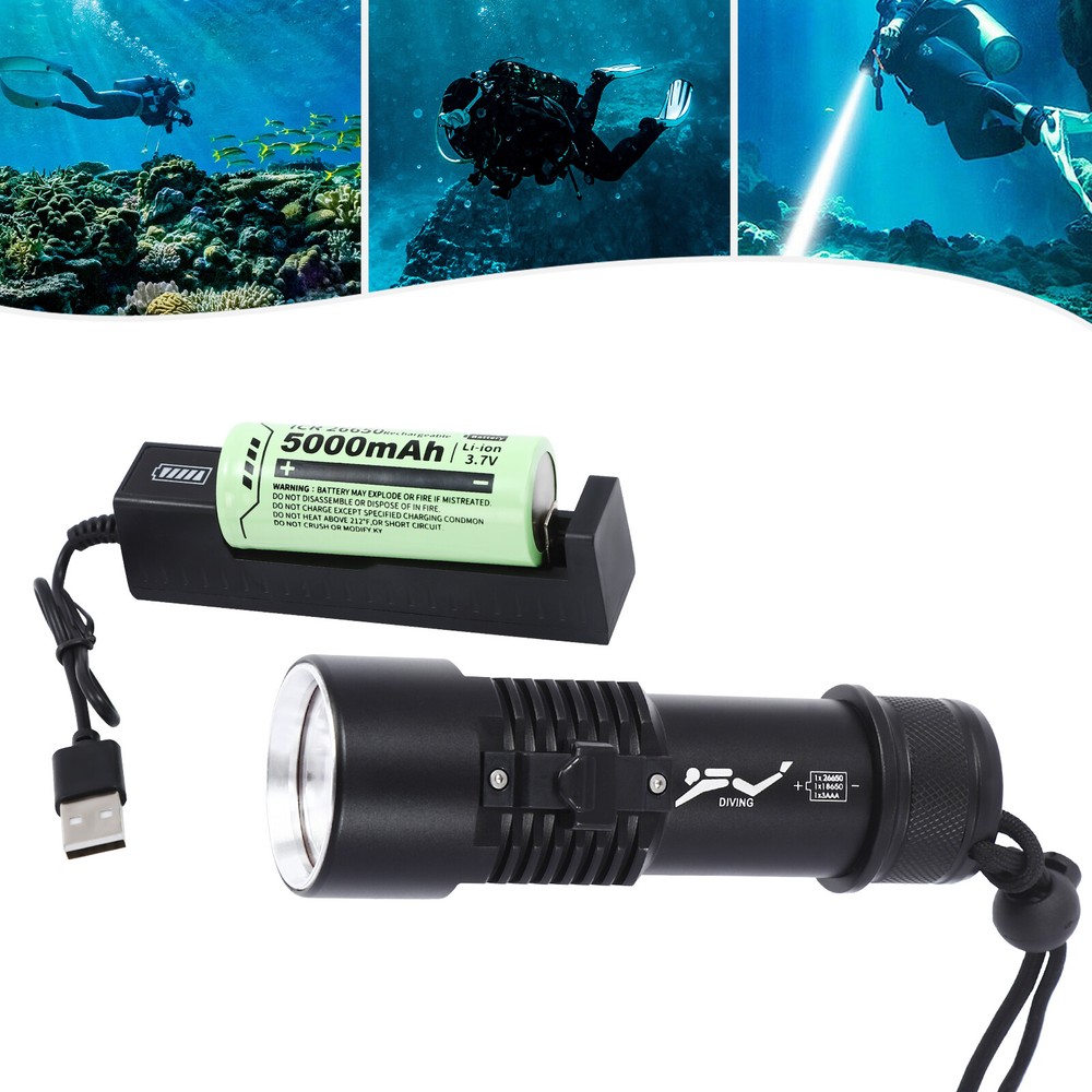 Led Scuba Diving Flashlight Torch Underwater 100M Waterproof Light Rechargeable