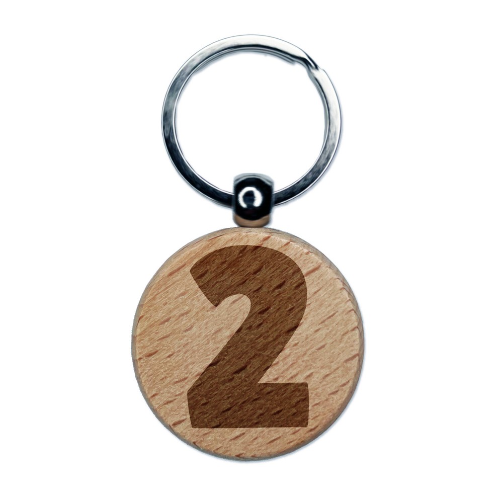 Fun Bold Number 2 Engraved Wooden Keychain Tag Charm  