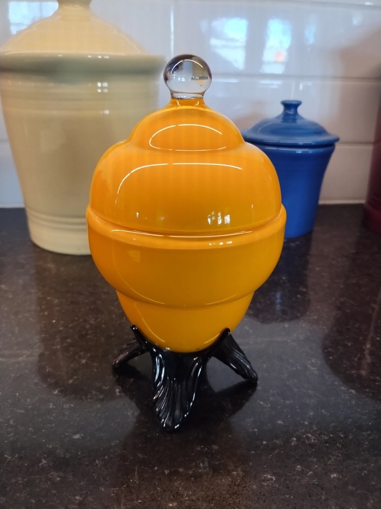 Vintage Handblown Czechoslovakia Orange W/Black Footed Art Glass Dish Jar