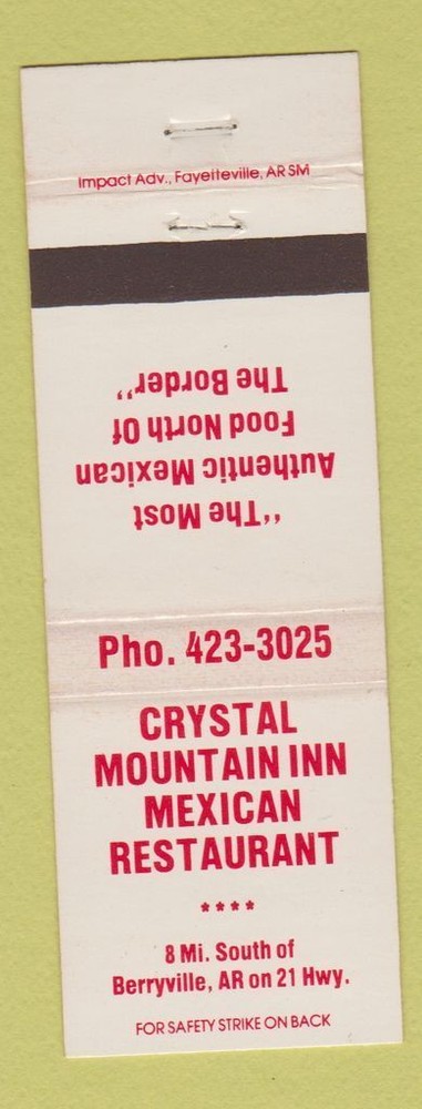 Vintage Matchbook Cover from Crystal Mountain Inn Mexican Restaurant Berryville AR