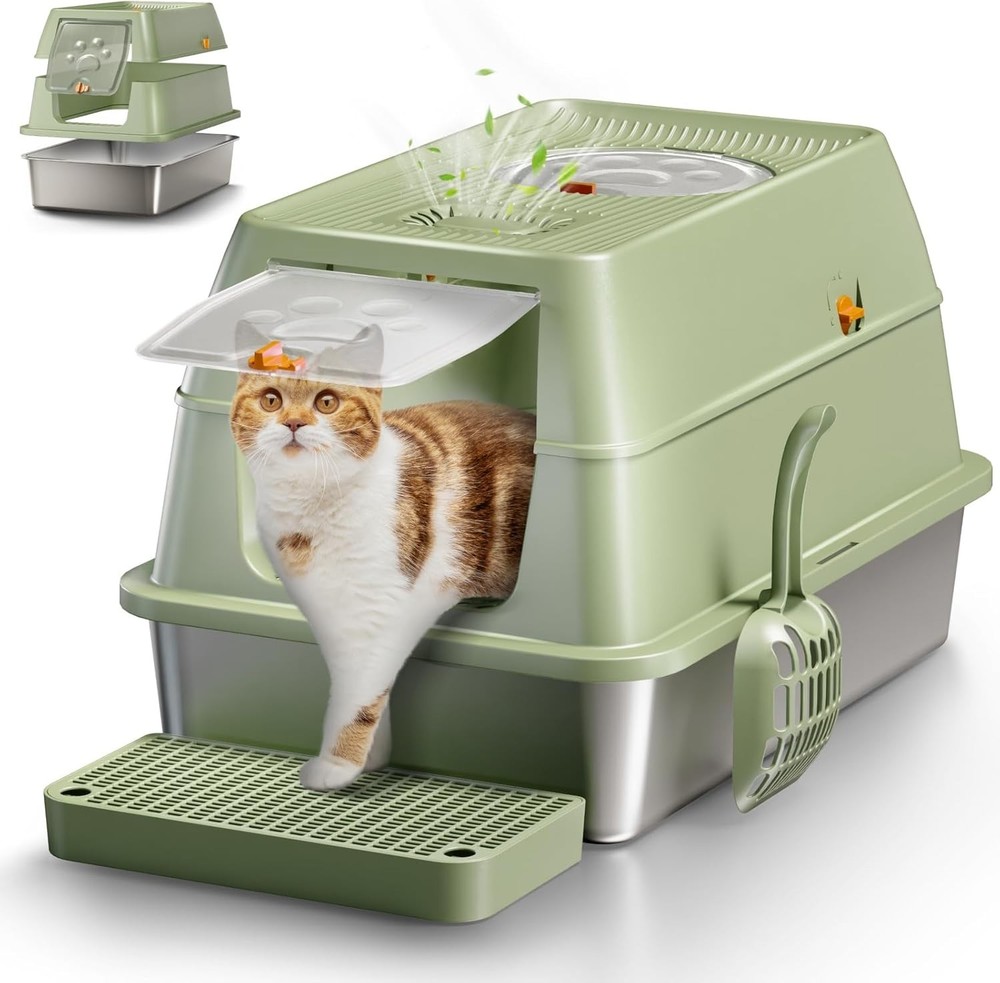 Stainless Steel Cat Litter Box with Lid, XL Large Enclosed High Sided Litter Box