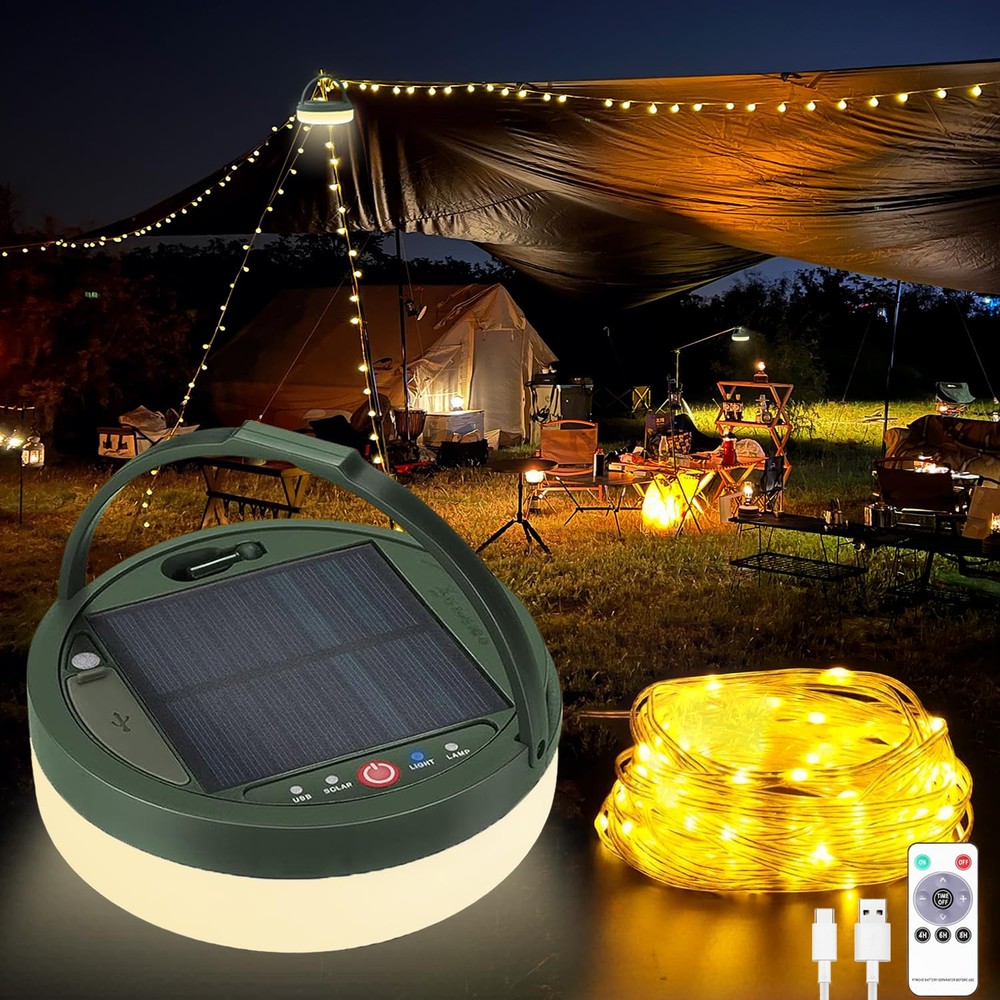 Rechargeable Solar Camping String Lights, 4-in-1 Outdoor Light with 8 Light M...