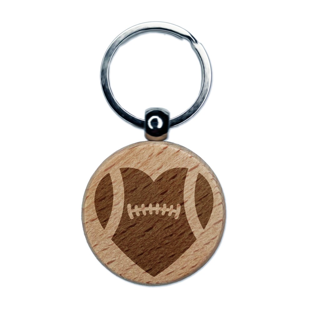 Heart Shaped Football Sports Engraved Wood Round Keychain Tag Charm