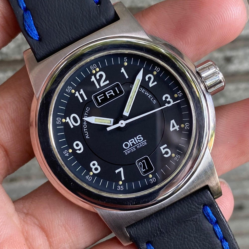 Rare Oris Big Crown 7500 Automatic Day Date Black Dial Swiss Watch
