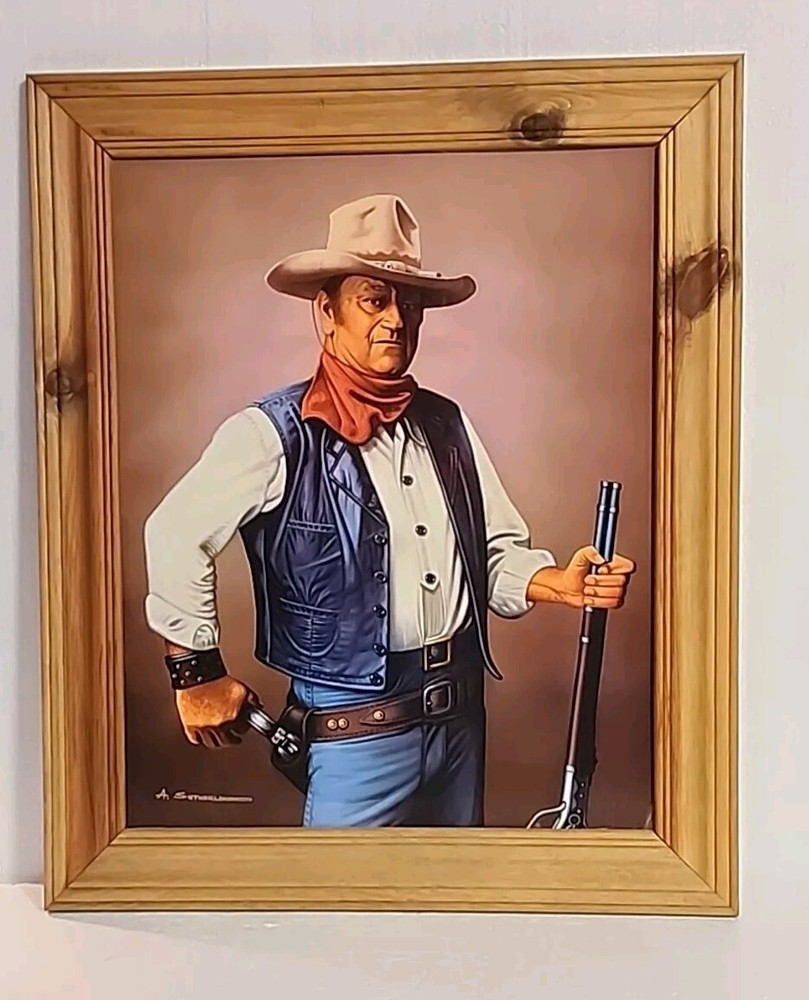 VTG John Wayne A. Sutherland Knotty Wood Framed 16x20 Hanging Picture Poster
