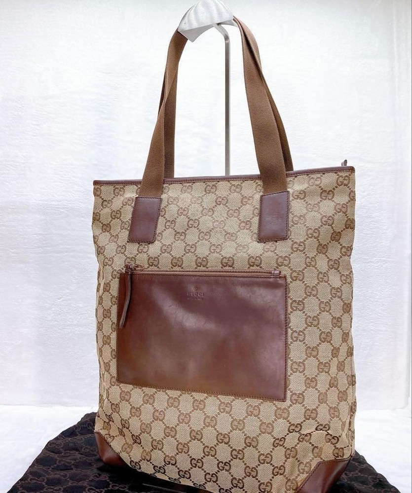 Gucci GG Canvas Tote Bag in Brown with Leather Logo Accents