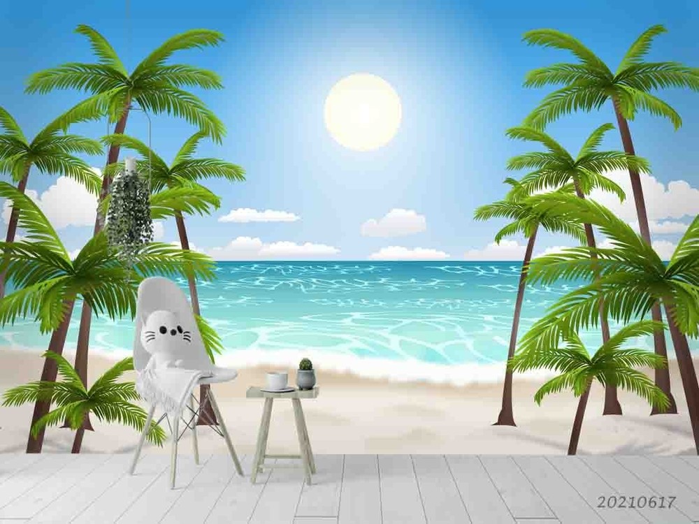 3D Palm Trees Ocean Sunset Landscape Wall Murals Wallpaper Murals Wall Sticker