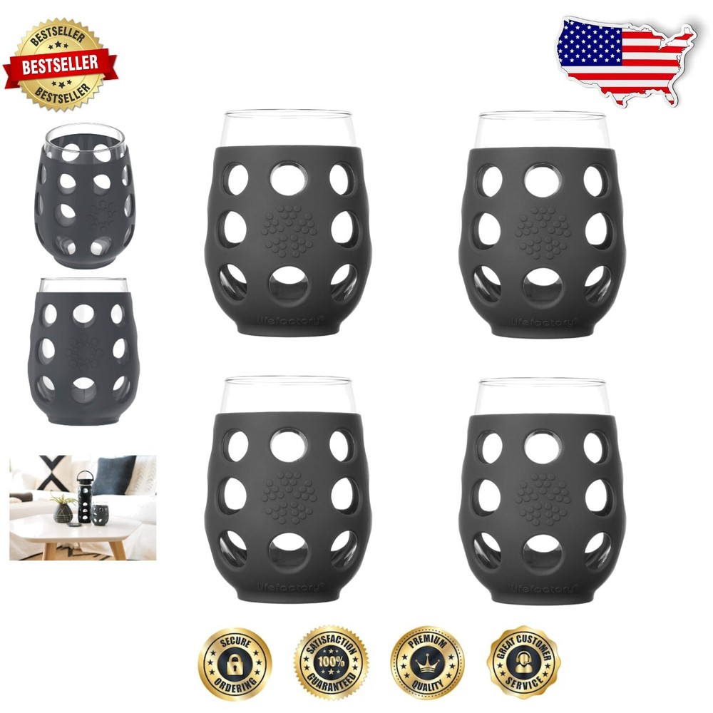 Stemless Wine Glasses with Silicone Sleeve Set of 4 in Carbon