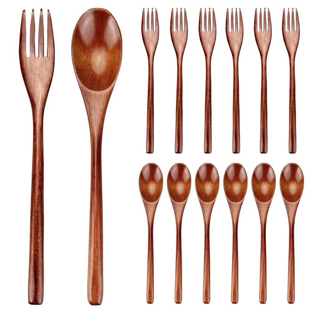 12 Pieces Wooden Forks and Spoons for Eating Utensil Set Lunch Wooden Cutlery