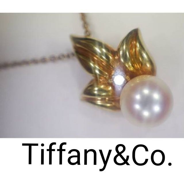 Tiffany & Co K18 Solid Gold Diamond Pearl Pendant Necklace Jewelry