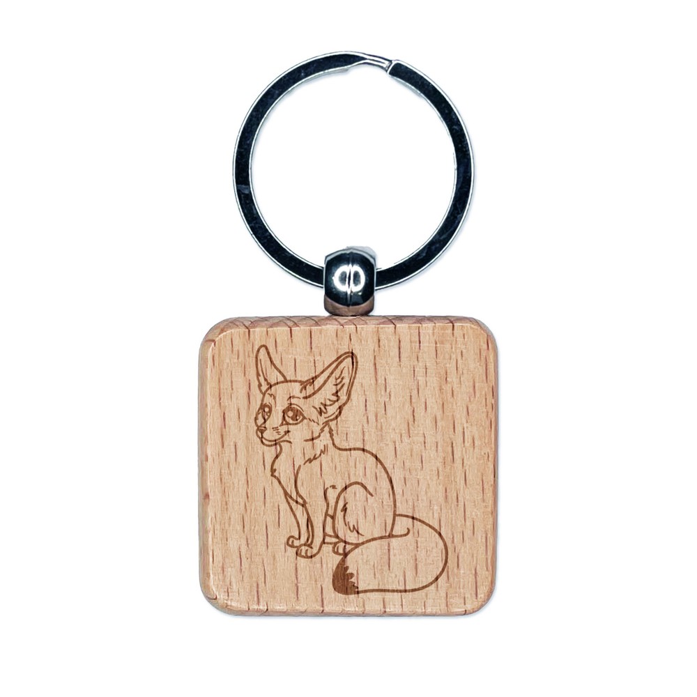 Adorable Fennec Fox Engraved Wood Square Keychain Tag Charm