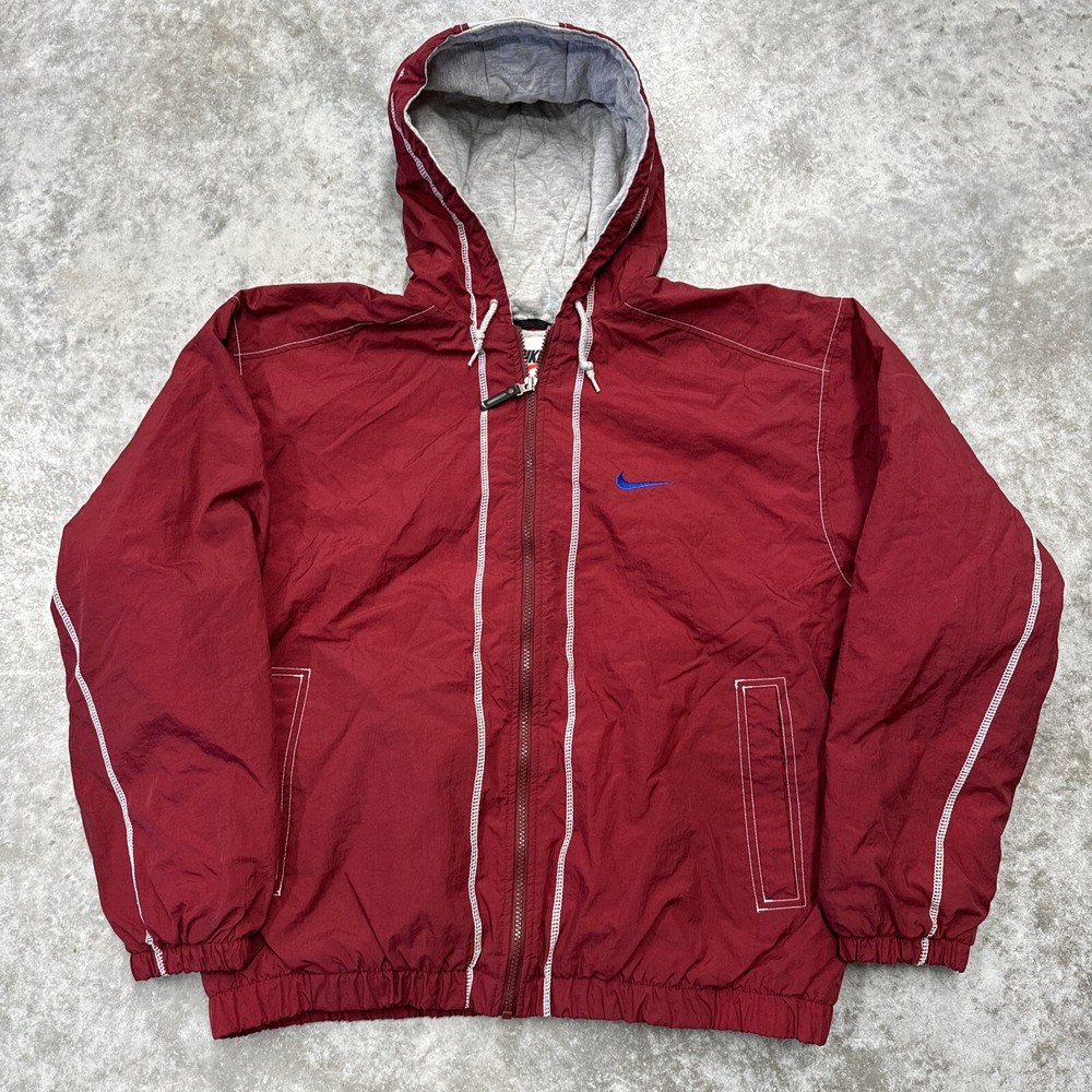 Vintage 90s Nike Mens L Puffer Jacket Fleece Lined Red Full Zip White Tag