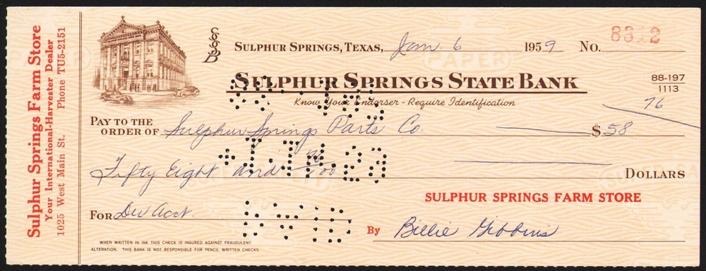 Vintage bank check SULPHUR SPRINGS STATE BANK pictured dated 1959 Texas exc++