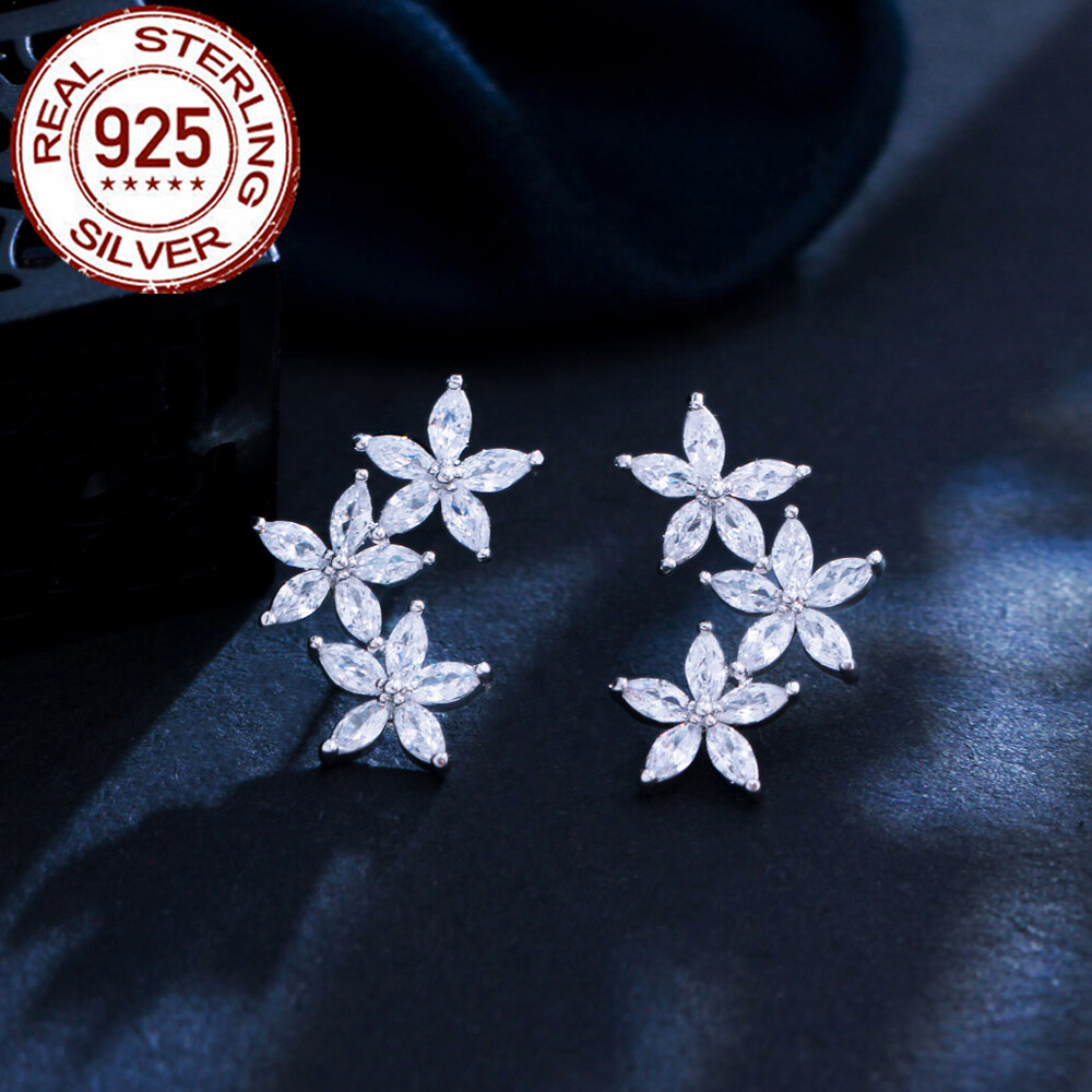 CZ 925 Silver CZ Flower Stud Earrings for Women Elegant Party Wear