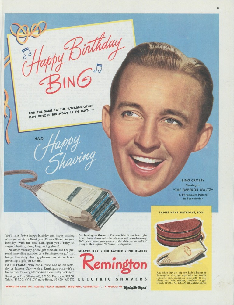 1948 Remington Electric Shaver Bing Crosby Emperor Waltz Vintage Print Ad C9