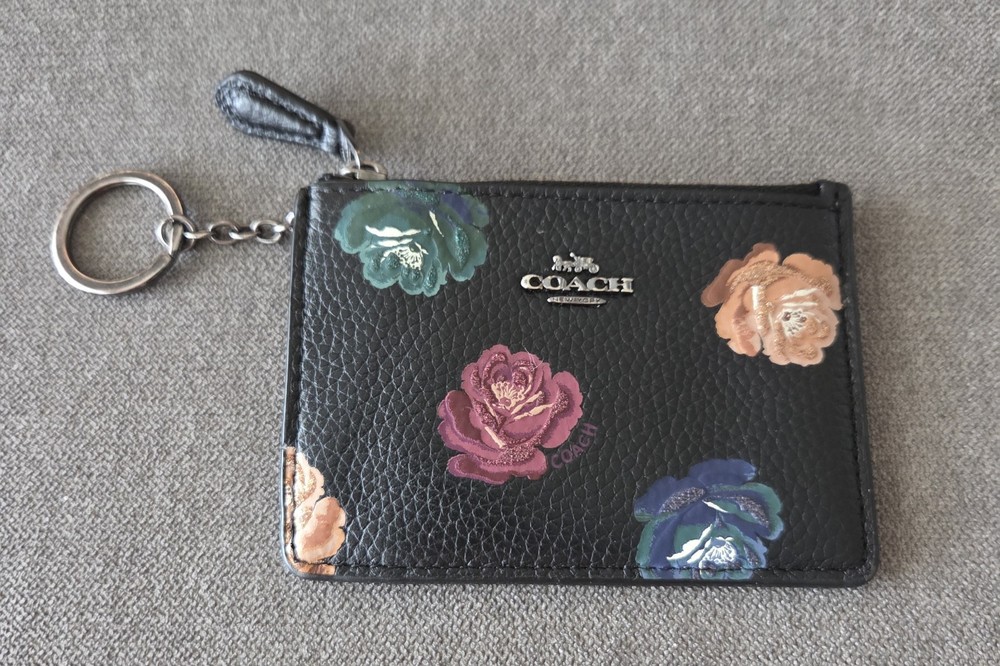 Coach Rainbow Rose Print Zip Top Keychain Wallet with Card Slots  