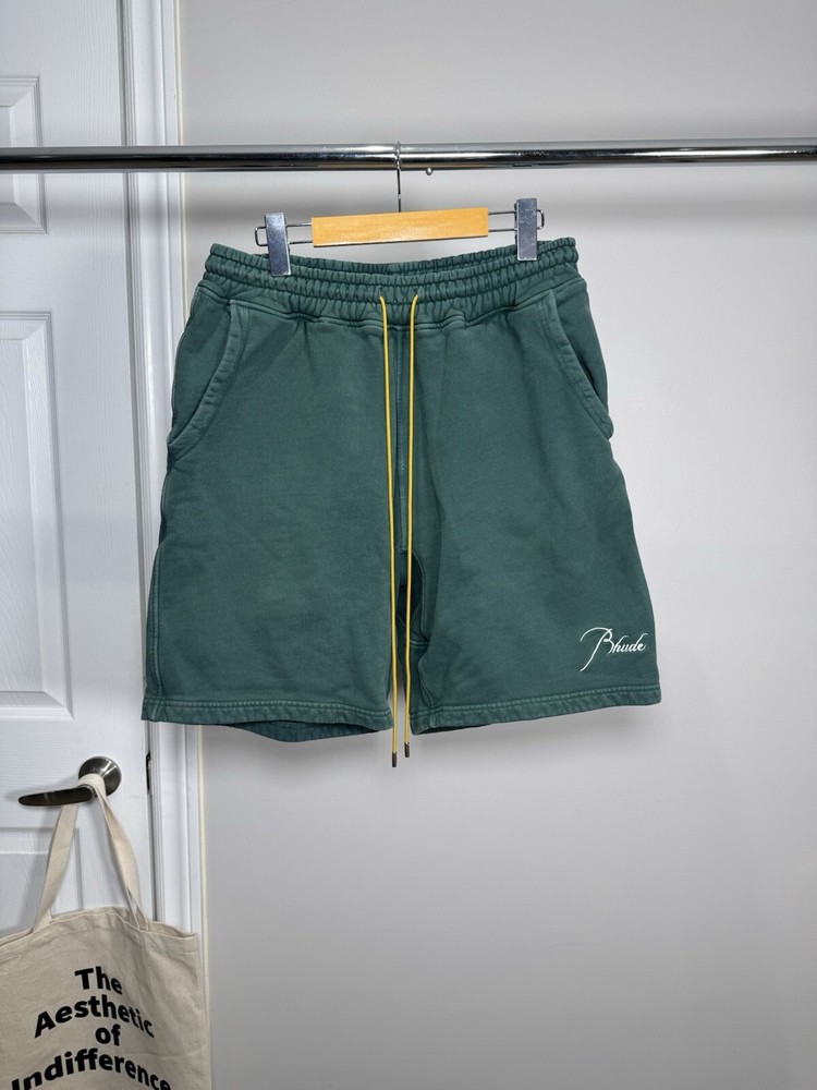 Rhude Green Embroidered Logo Sweat Shorts XL with Drawstring Waist & Back Pocket  