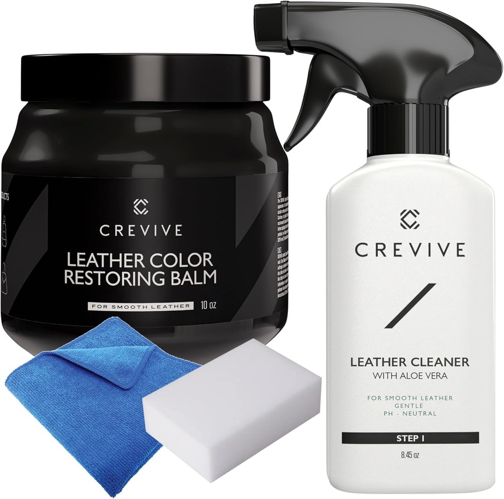 Crevive Leather Recoloring Balm Black 10 Oz and Leather Cleaner 8.45 Oz Kit