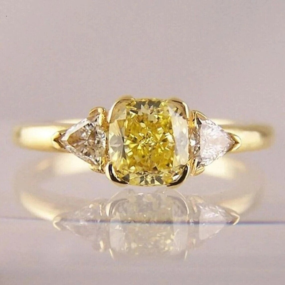2.00Ct Cushion Canary Diamond Three Stone Engagement Ring 14K Yellow Gold Plated