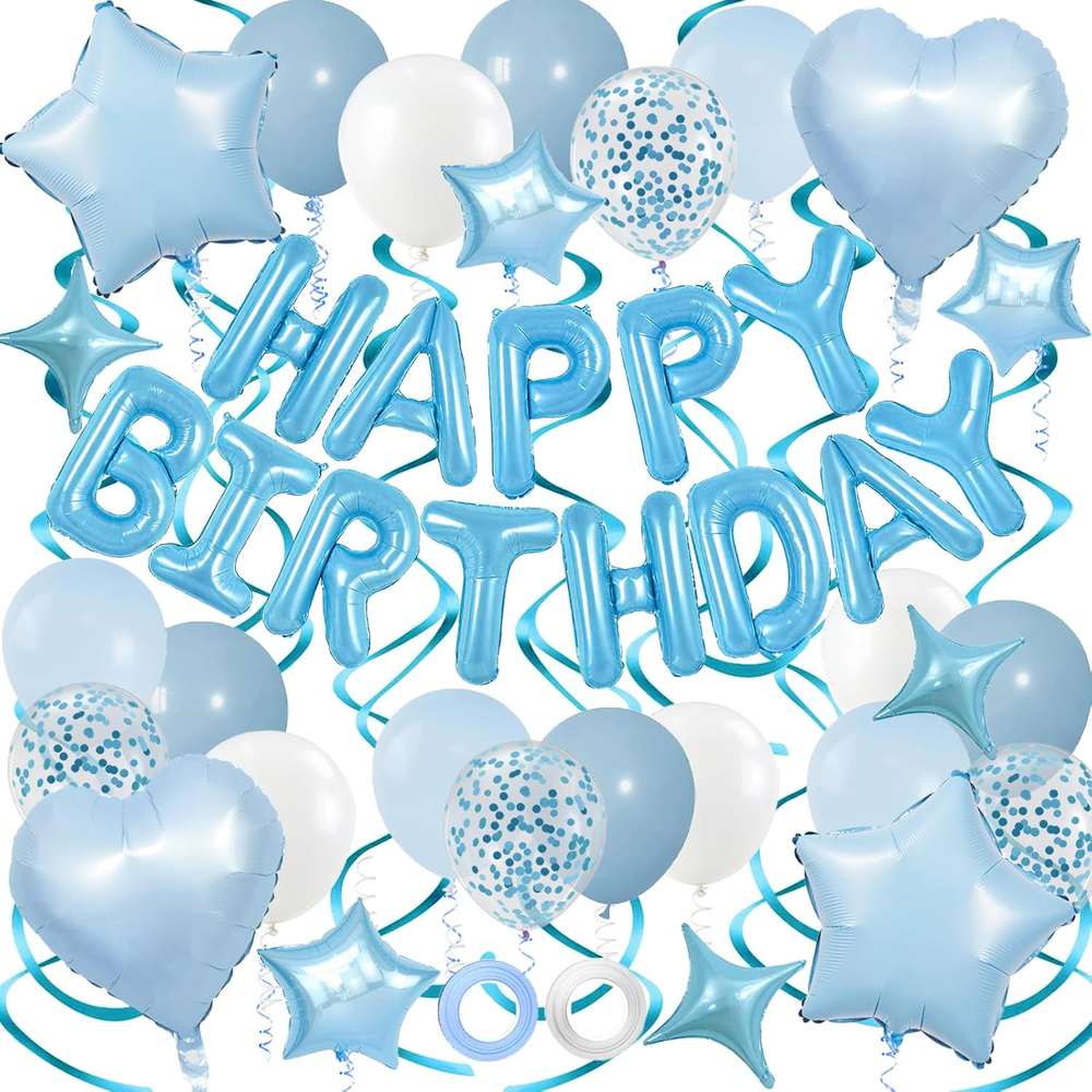 Blue Birthday Decorations, 3D Foil Light Blue Happy Birthday Balloon Banner with