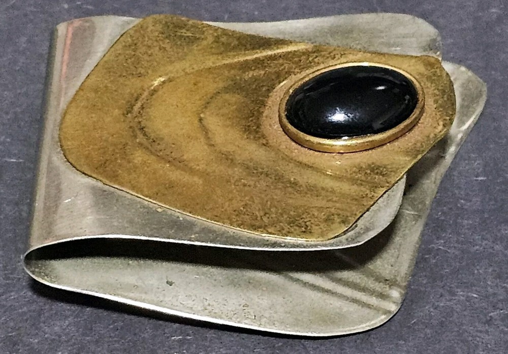 Vintage Midcentury Moderne Large Brutalist Hammered Brass and Onyx Cabochon Pin