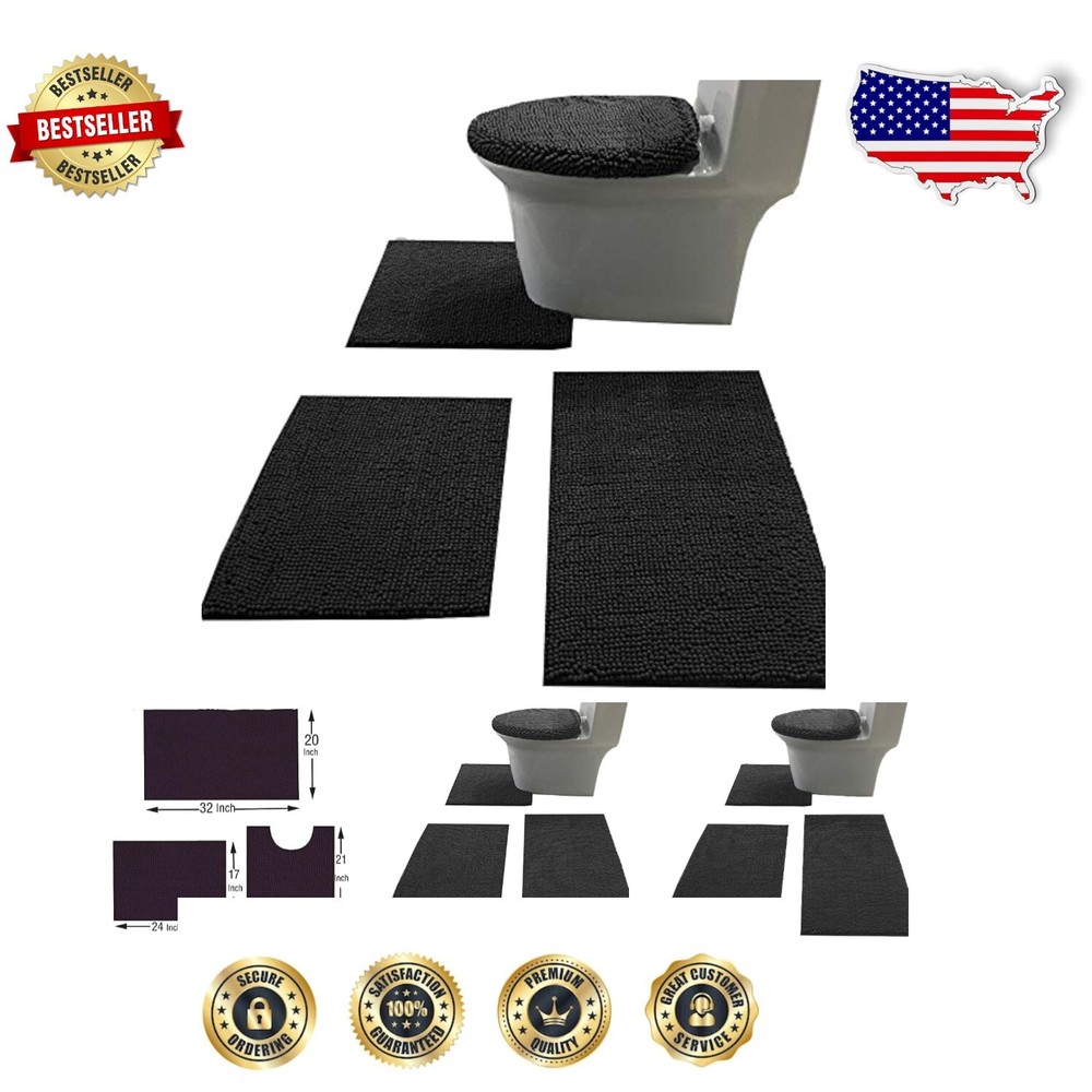 Complete Black Chenille Bath Rug Set: 4-Piece Style for Safety & Comfort