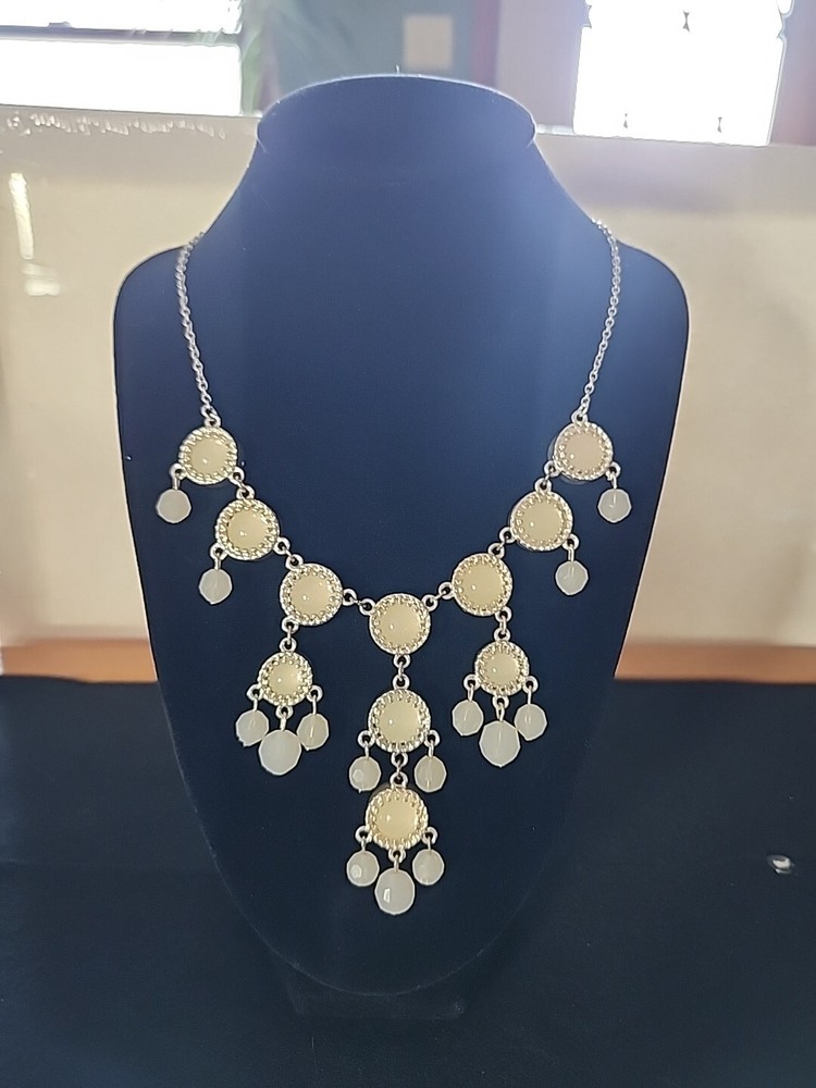 Statement Pearlescent Drop Necklace Silver Tone 18