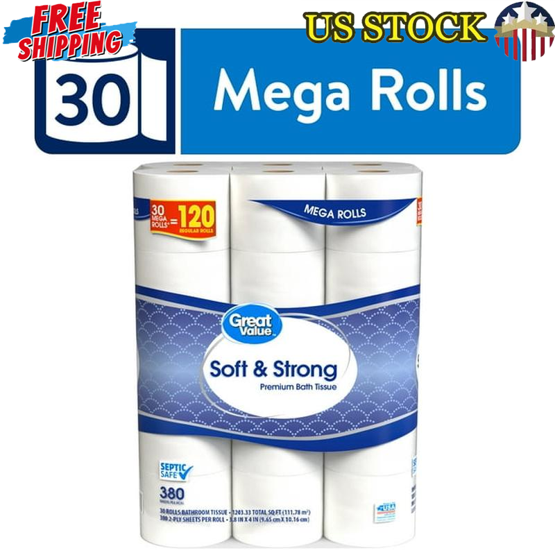 Premium 2-Ply Soft Strong Toilet Paper 30 Mega Rolls 380 Sheets Septic Safe