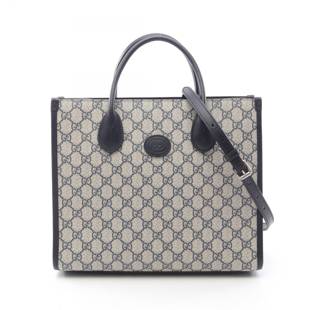 GUCCI GG Supreme Canvas Leather 2-Way Shoulder Tote Bag Beige Navy Pre-Owned