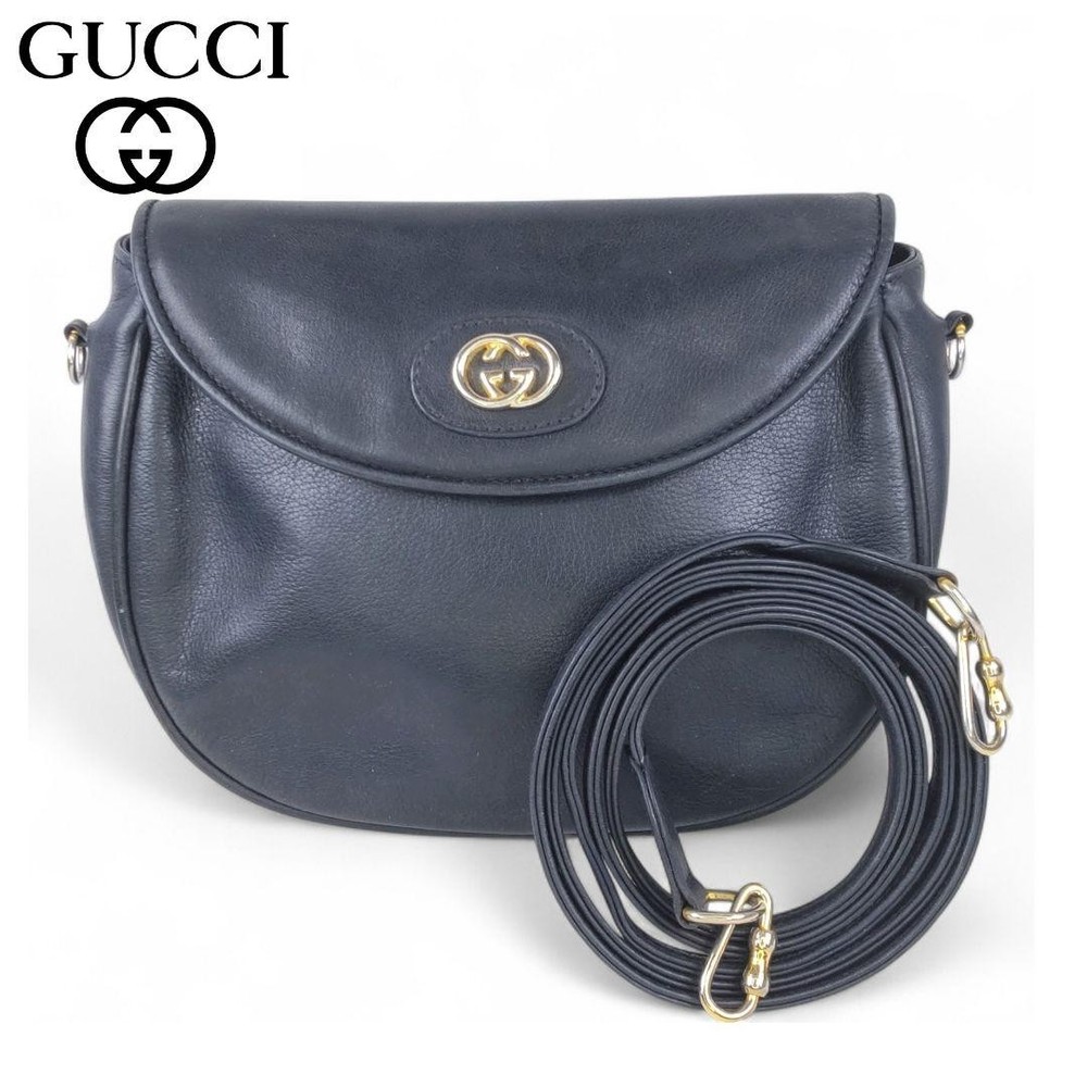 Gucci Vintage Mini Shoulder Bag Black Blue Gold Logo 130cm Strap Pre-Owned