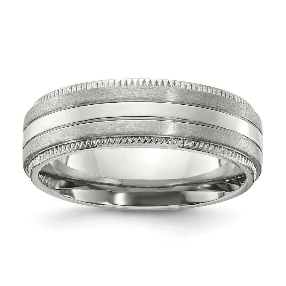 Titanium Brushed and Polished Textured Edge 7mm Band Ring Size 8