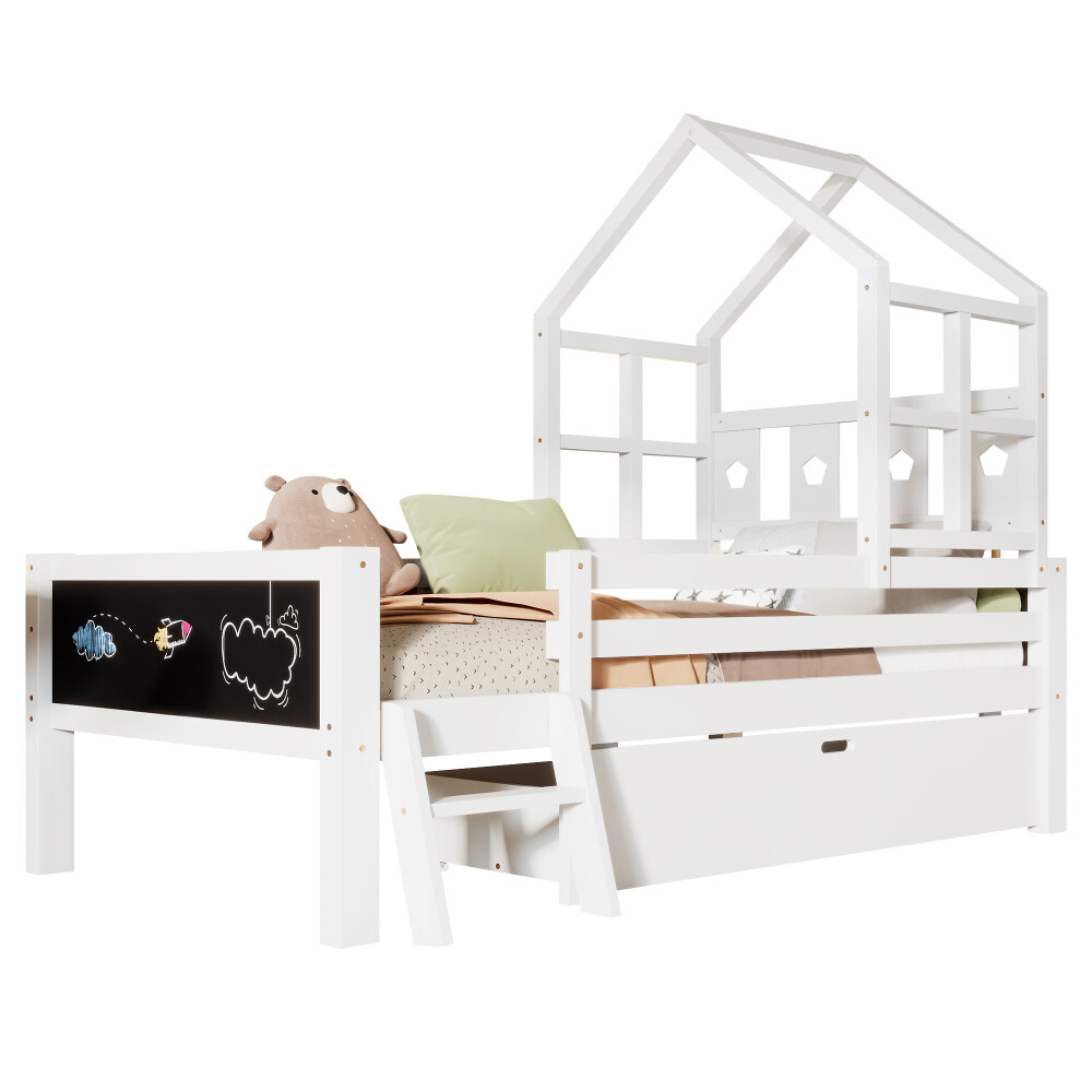 Twin Size Kids House Bed with Ladder and Storage Drawers - Solid Wood Frame