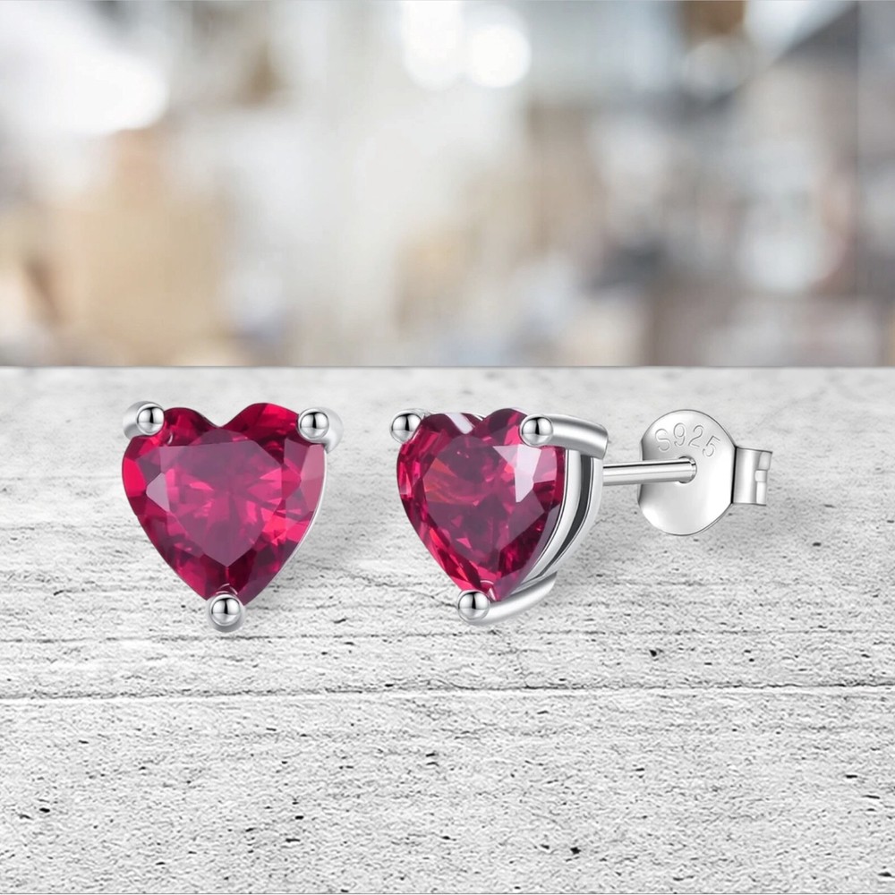 5mm Heart Genuine Ruby Stud Earrings in Sterling Silver - Sturdy Basket Set
