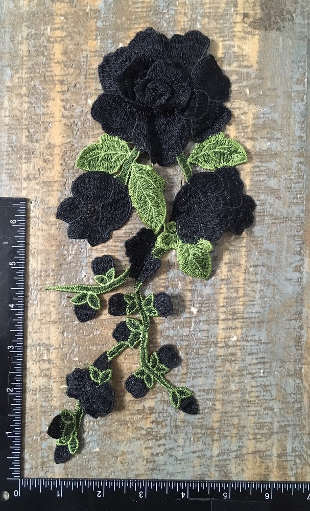 LONG STEM BLACK ROSE Flower Plant Floral Roses Buds Garden Applique Patch 12X5