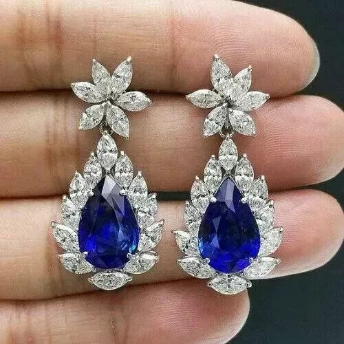 6Ct Pear Lab Sapphire Drop Dangle Earrings in 14K White Gold
