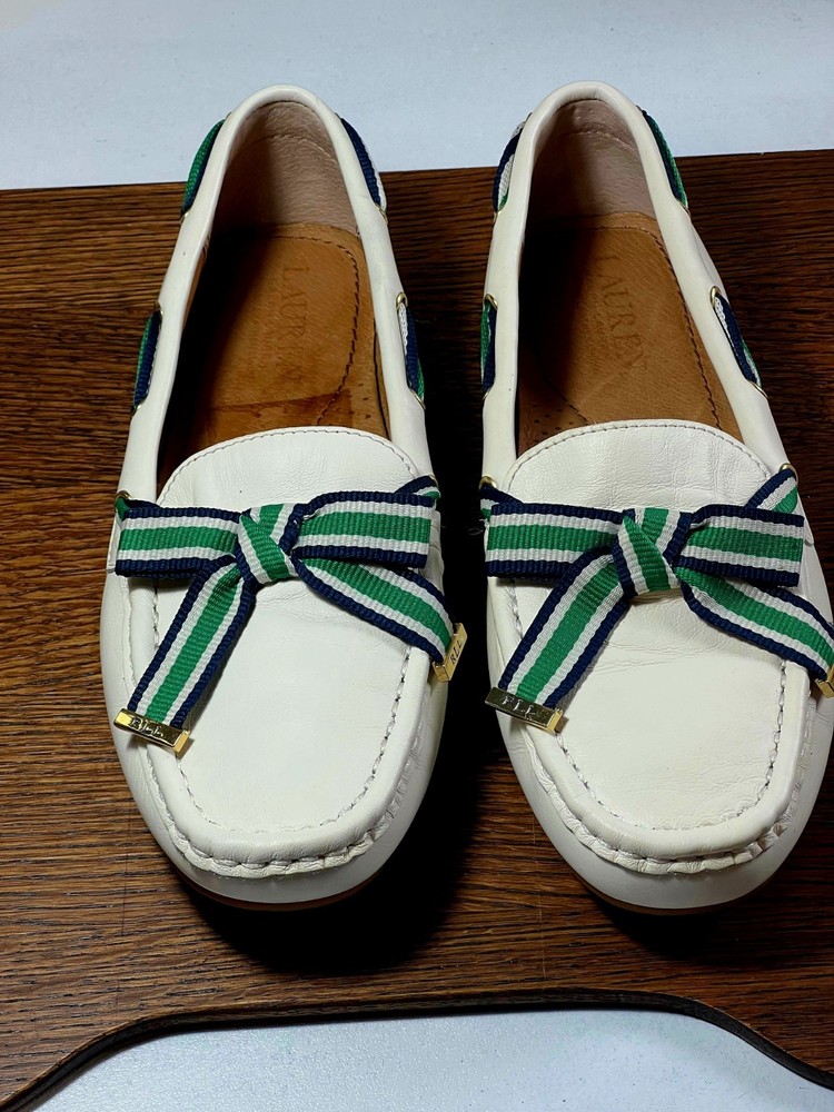 Lauren Ralph Lauren Becka Leather Loafer Size 7.5 White Ribbon Preppy Gold