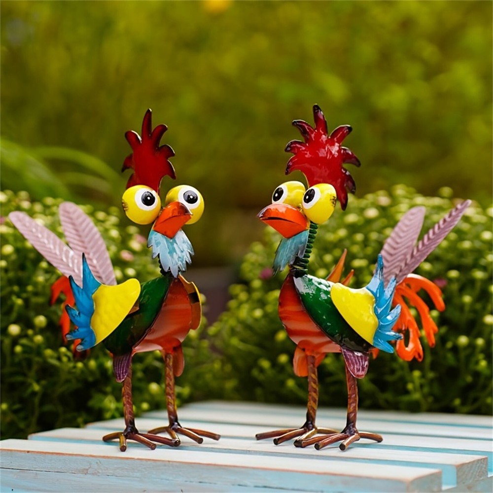 Funny Metal Rooster Garden Statue - Whimsical Yard Decor Sculpture