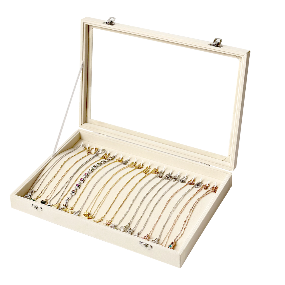 Two Beige 20 Hooks Necklace Organizer Box Velvet Necklace Tray with Clear Lid
