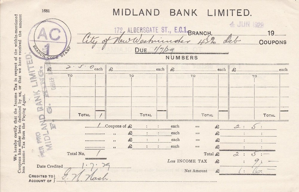MIDLAND BANK LIMITED, Jun 1929 City of New Westminster Coupons Receipt Ref 45927