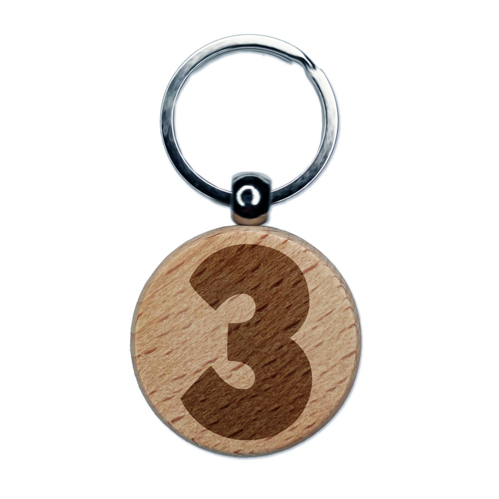 Number 3 Three Fun Bold Font Engraved Wood Round Keychain Tag Charm
