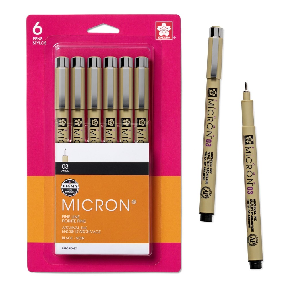 SAKURA Pigma Micron Fineliner Pens, 03 Tip Size, 03 Point Black