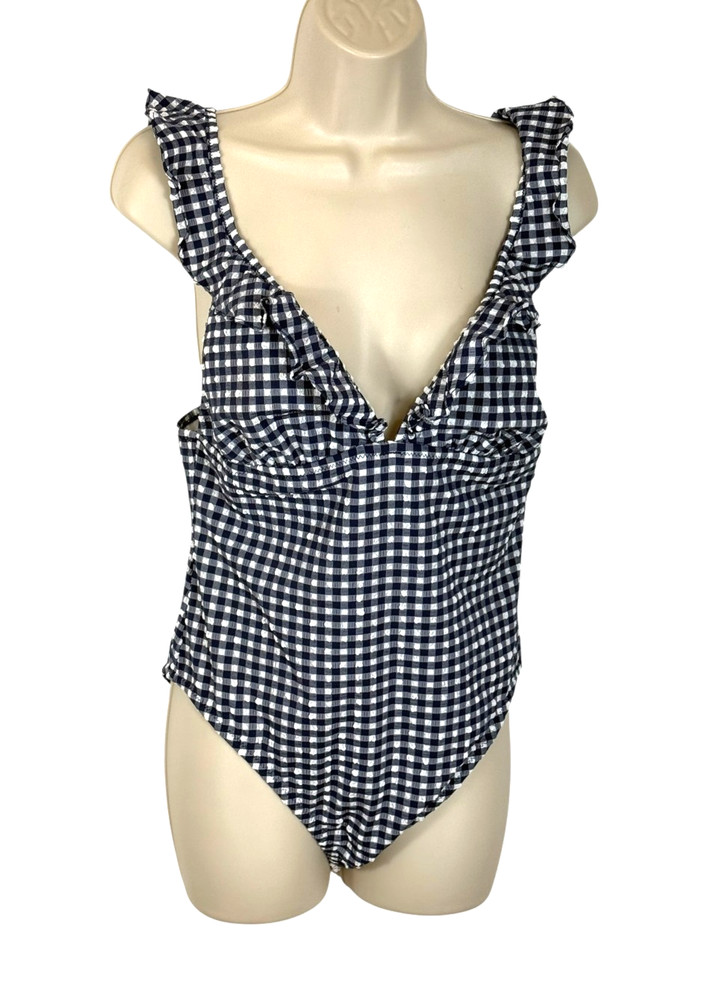 J. Crew deep v ruffled gingham swimsuit size 10 blue VLV pin-up lined sexy